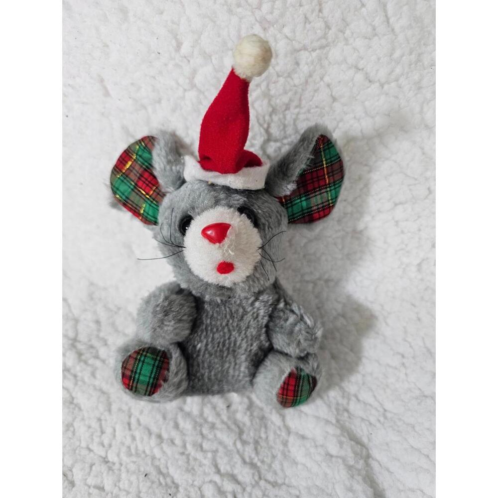Vintage Acme Mouse Plush Stuffed Animal Toy Christmas Hat Gray Taiwan 5.5"